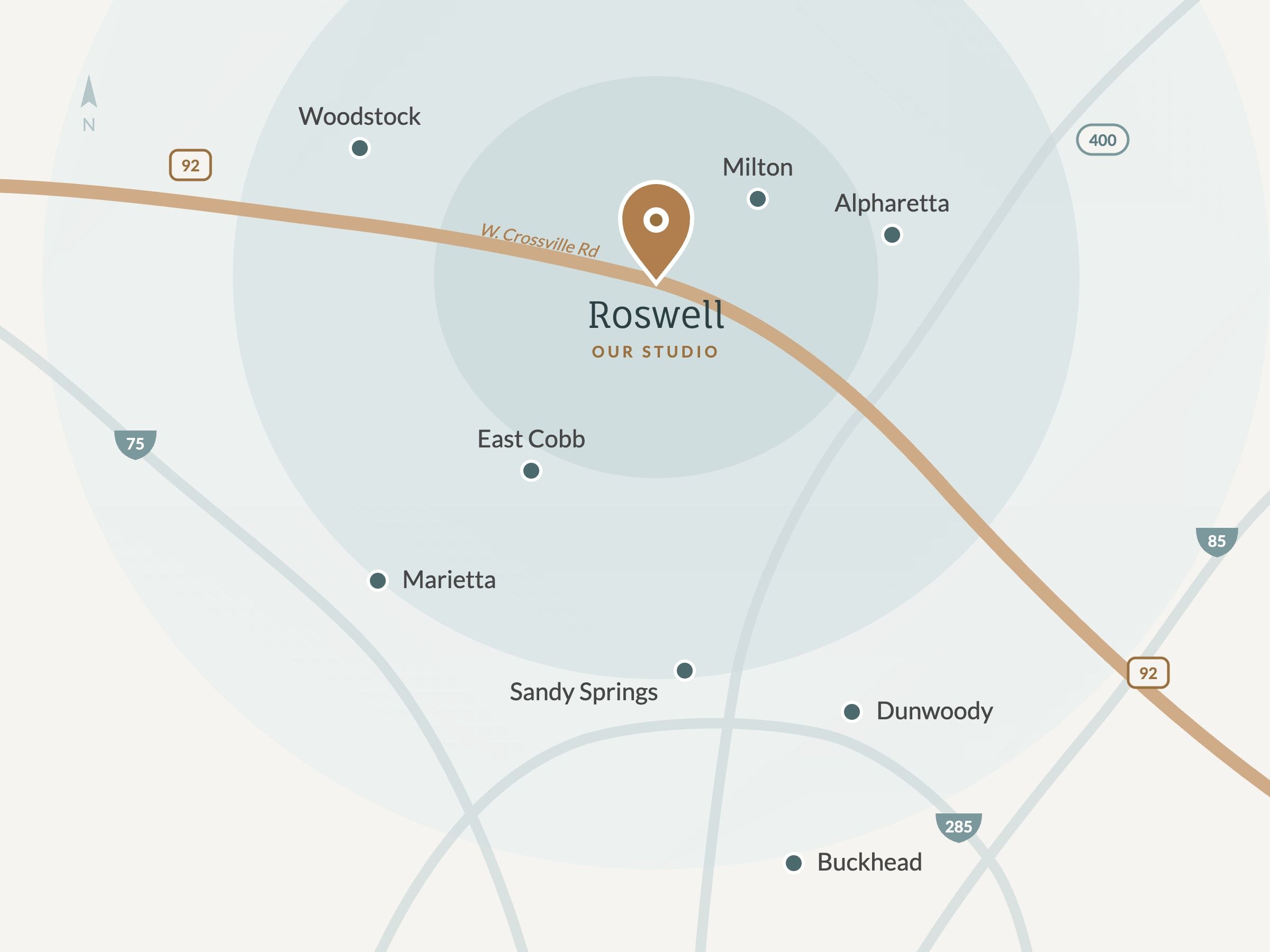 Map of the Wellspring Skincare service area: our Roswell studio with Alpharetta, Milton, Woodstock, East Cobb, Marietta, Sandy Springs, Dunwoody and Buckhead around it